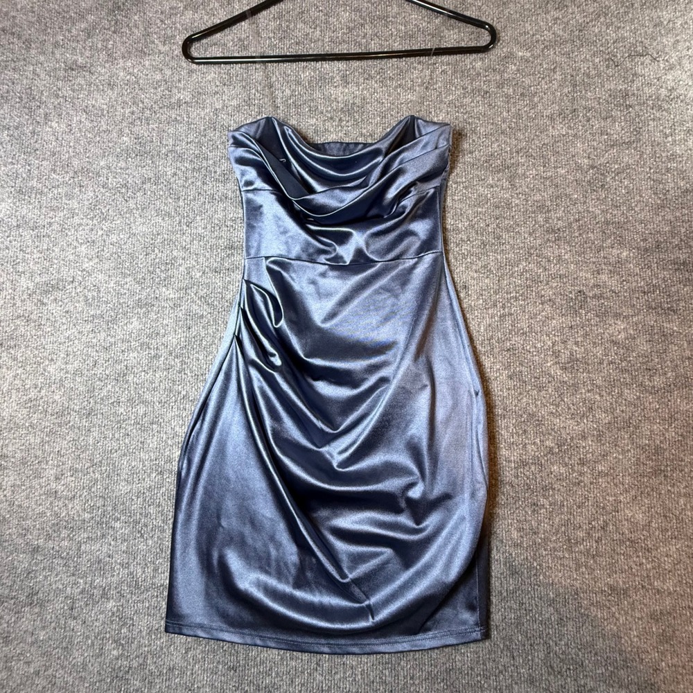 Windsor Strapless Cowl Neck Ruched Mini Dress Chambray Blue Satin Small NEW